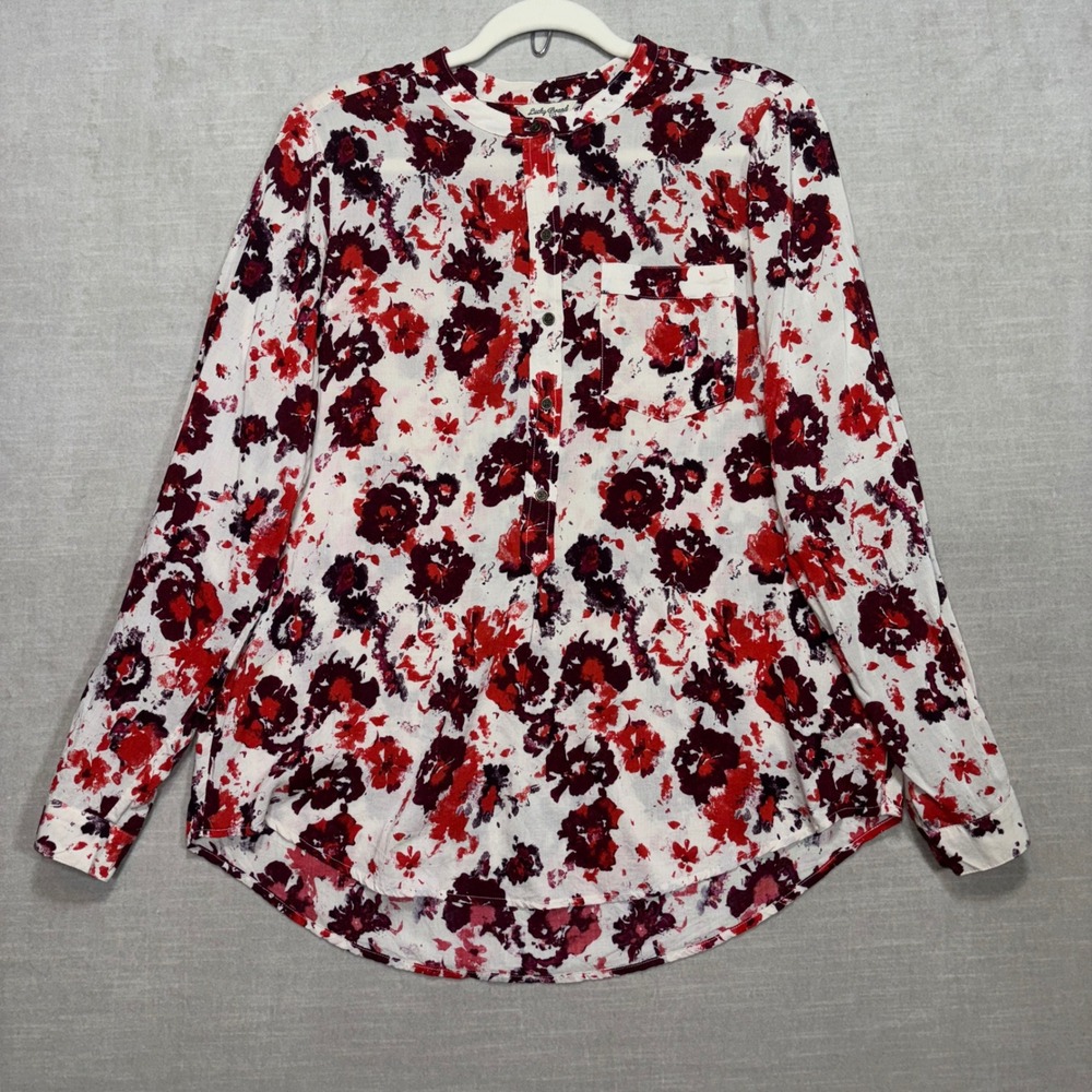 Lucky Brand Womens Floral Button Tunic‎ Top M Red Roll Tab Sleeve Boho Feminine